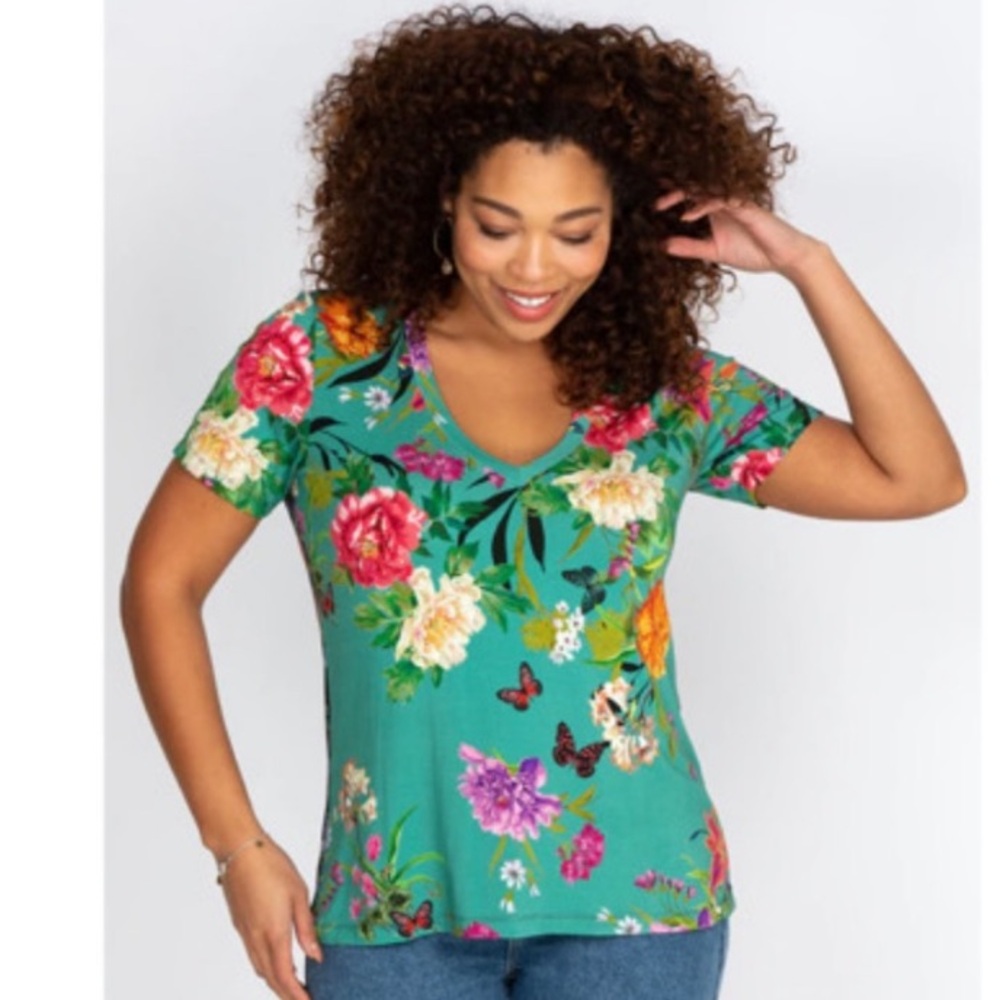 Johnny Was Teal Floral Short Sleeve Top